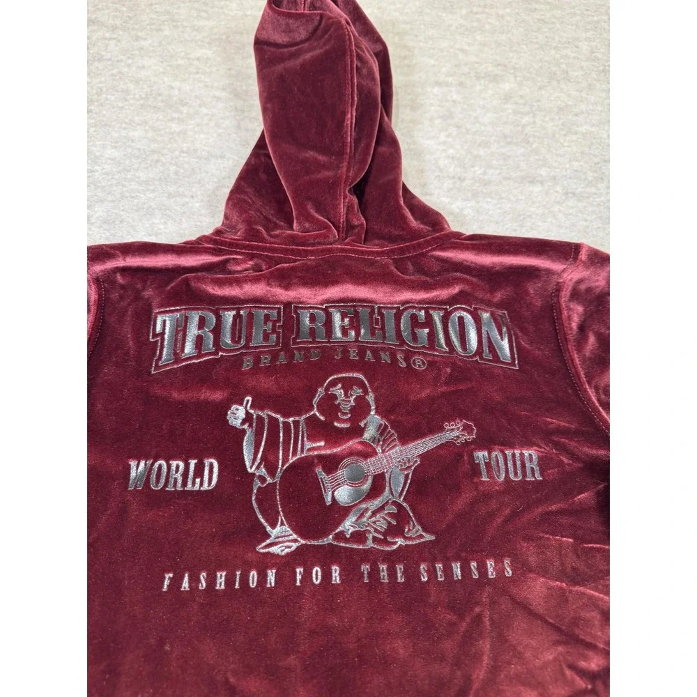 True Religion Hoodie Mens Medium Red Velvet Full Zip World Tour Back Graphic